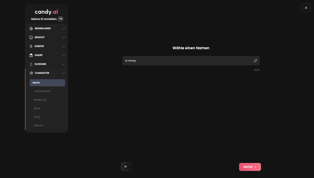 Candy AI – Charakter benennen (AI Honey)